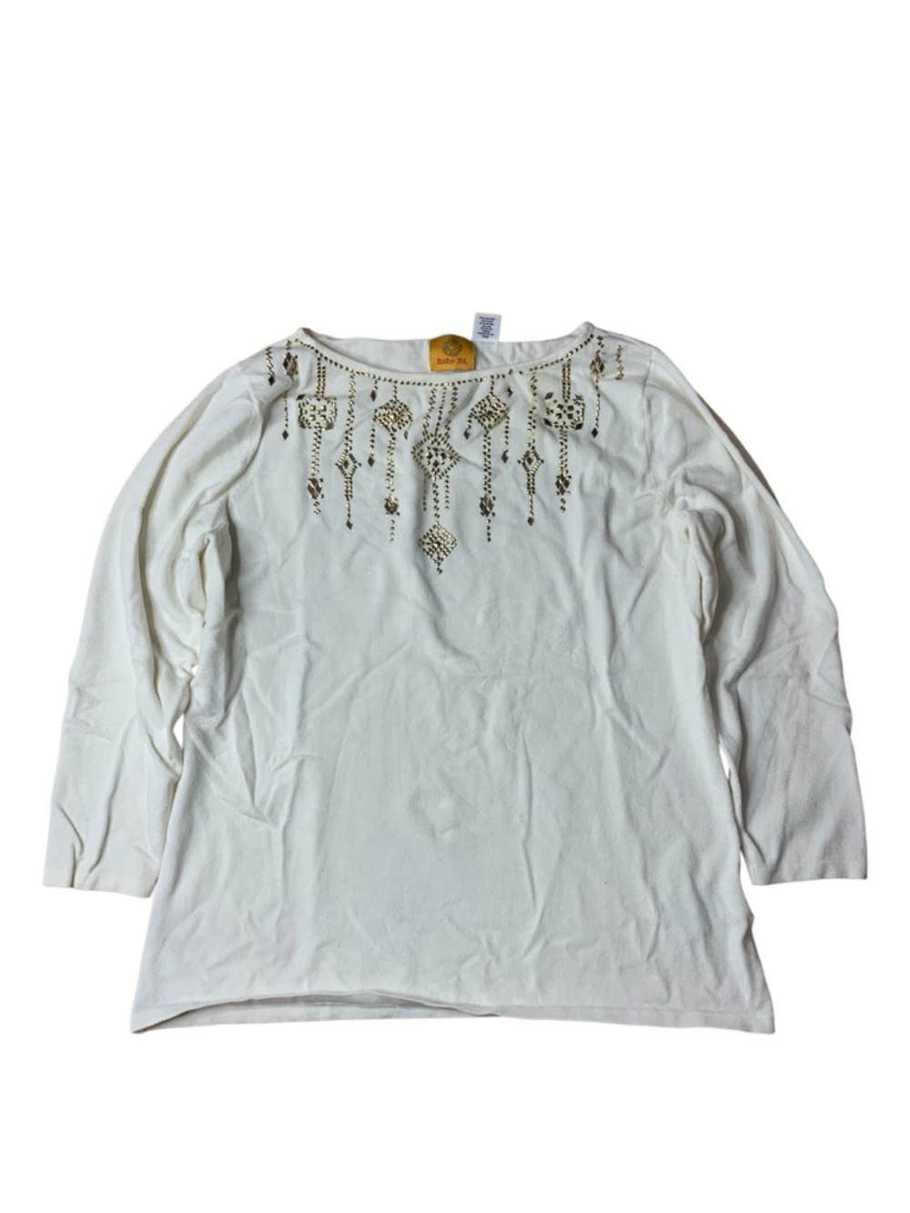 Ruby Rd. Ivory White Knit Sweater with Gold Geometric Embellishments - Size M